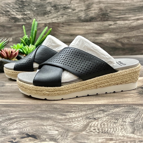 Earth Modena Marigold Espadrille Platform Wedge Slide Sandal 8.5M Black Leather - Picture 4 of 11